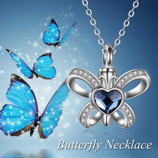 Sterling Silver Butterfly Heart Crystal Urn Necklace Cremation