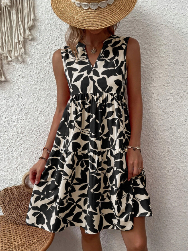 Loose V-neck Pleated Print Sleeveless Dress For Women