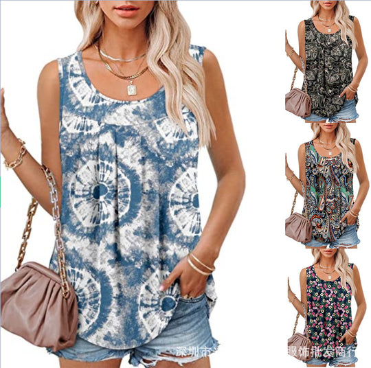 Round Neck Tank Sleeveless Tops Summer Loose Pleated Printed Vest Women