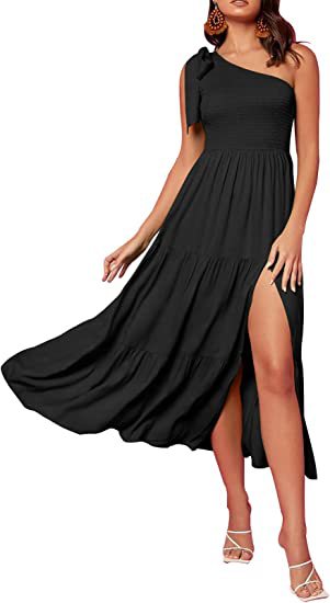 Women's One-shoulder Pleated Layered Hem Split Dress