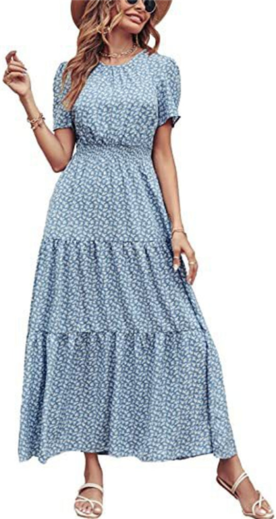 Women's Fashion Floral Thin Waist Splicing Long Dress