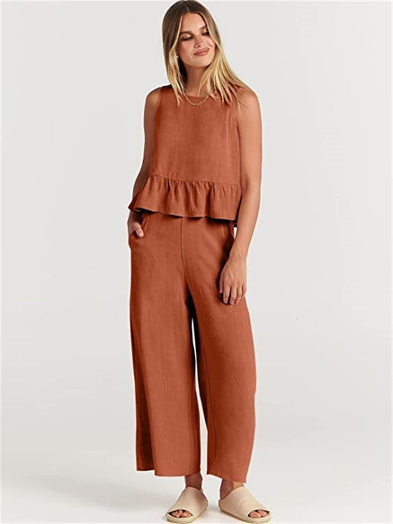 Pleated Vest And Wide-leg Cropped Pants Fashion Two Piece Sets Women