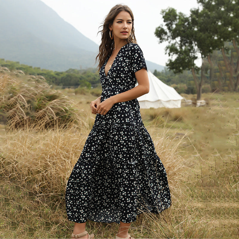 Long Dress Women Summer Boho Sexy Flowers Dress With V-neck