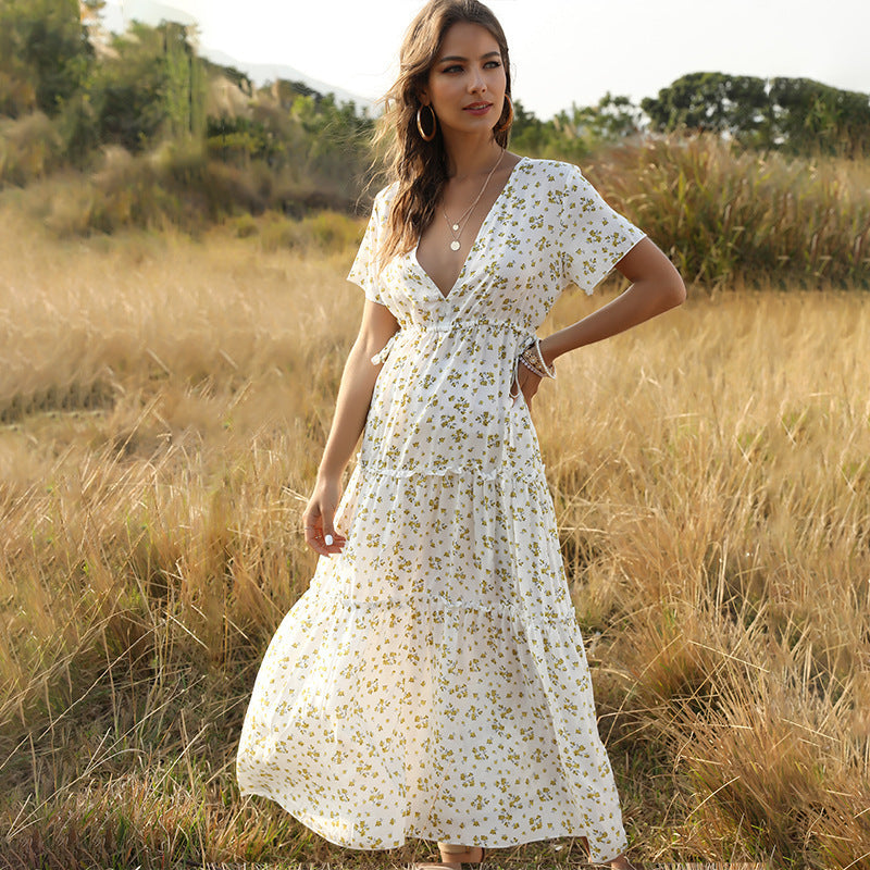 Long Dress Women Summer Boho Sexy Flowers Dress With V-neck