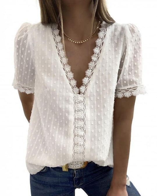 Fashion V-neck Stitching Lace Chiffon Top