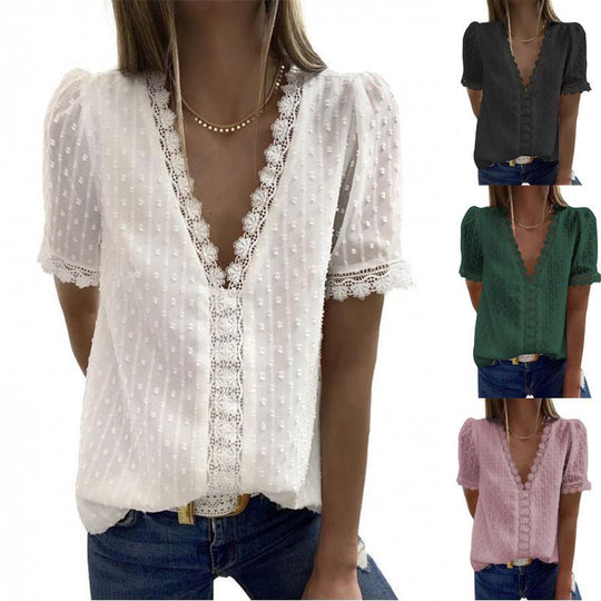 Fashion V-neck Stitching Lace Chiffon Top