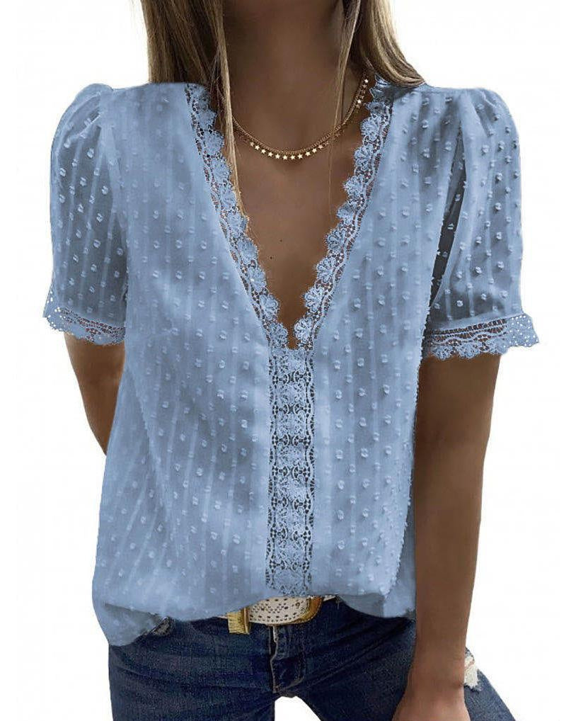 Fashion V-neck Stitching Lace Chiffon Top