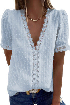 Fashion V-neck Stitching Lace Chiffon Top