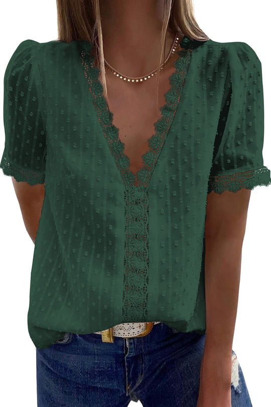 Fashion V-neck Stitching Lace Chiffon Top