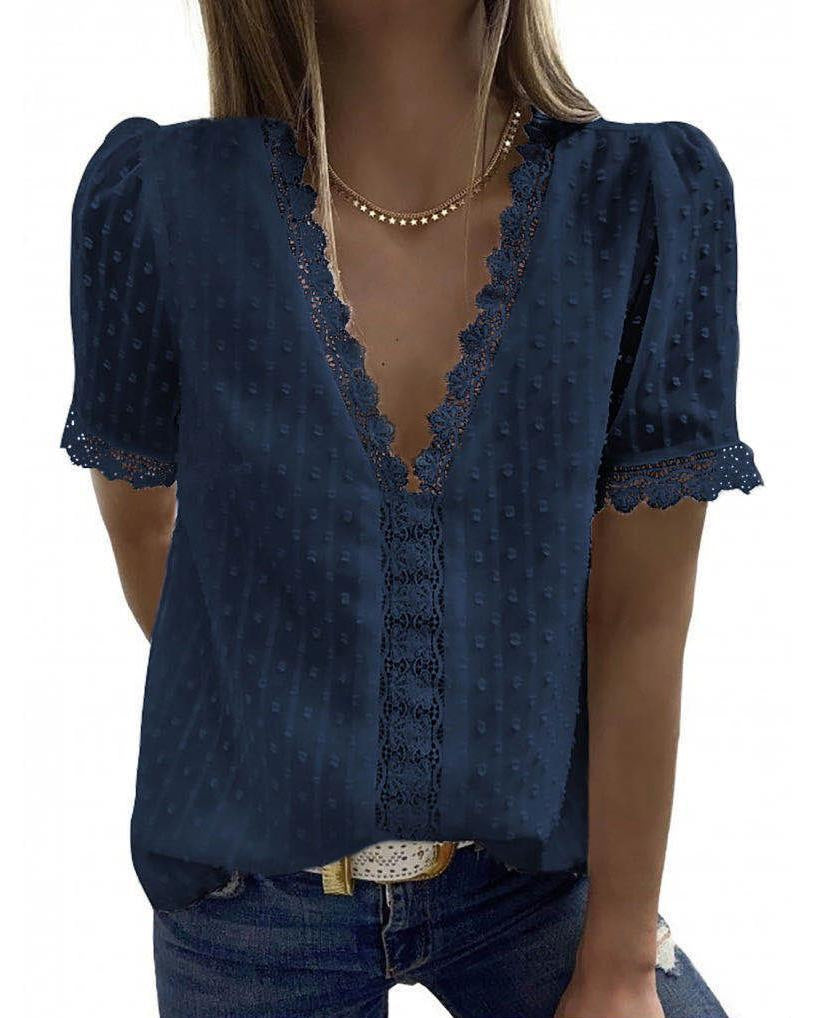 Fashion V-neck Stitching Lace Chiffon Top