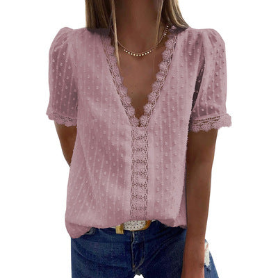 Fashion V-neck Stitching Lace Chiffon Top