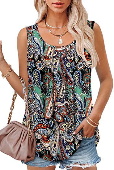 Round Neck Tank Sleeveless Tops Summer Loose Pleated Printed Vest Women