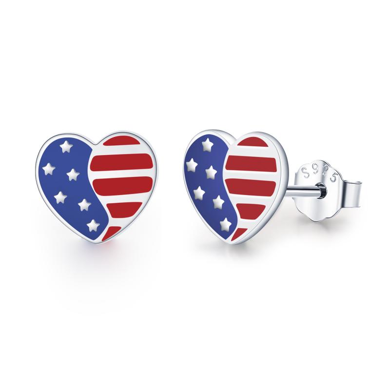 Sterling Silver Patriotic Red White Blue Heart Stud Earrings