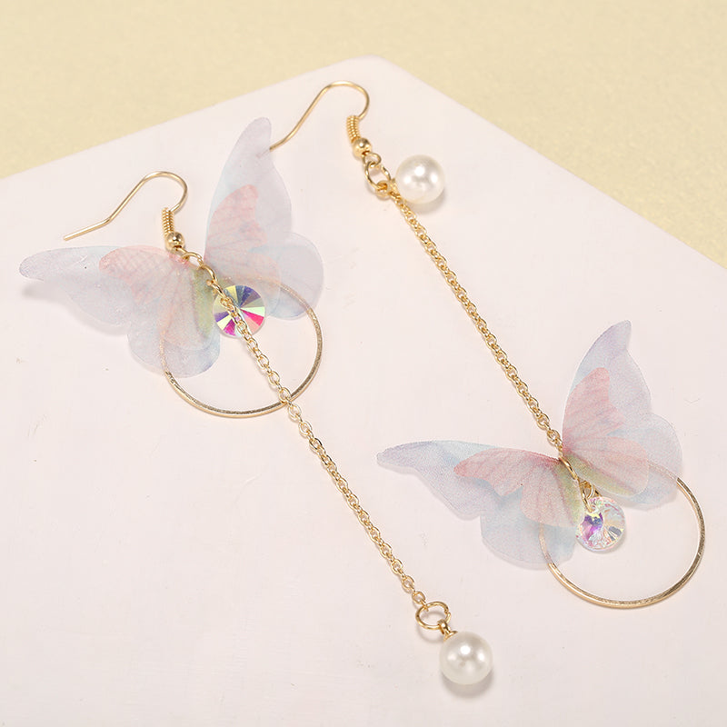 Hot Trendy Fairy Yarn Asymmetric Butterfly Long Earrings