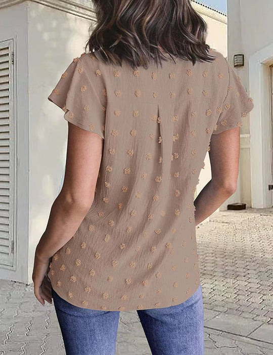 Women Summer V Neck Ruffle Short Sleeve Blouse Dot Flowy Shirt Top