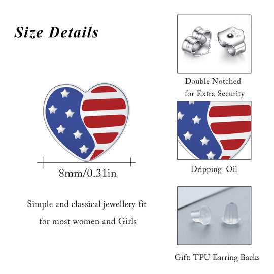 Sterling Silver Patriotic Red White Blue Heart Stud Earrings