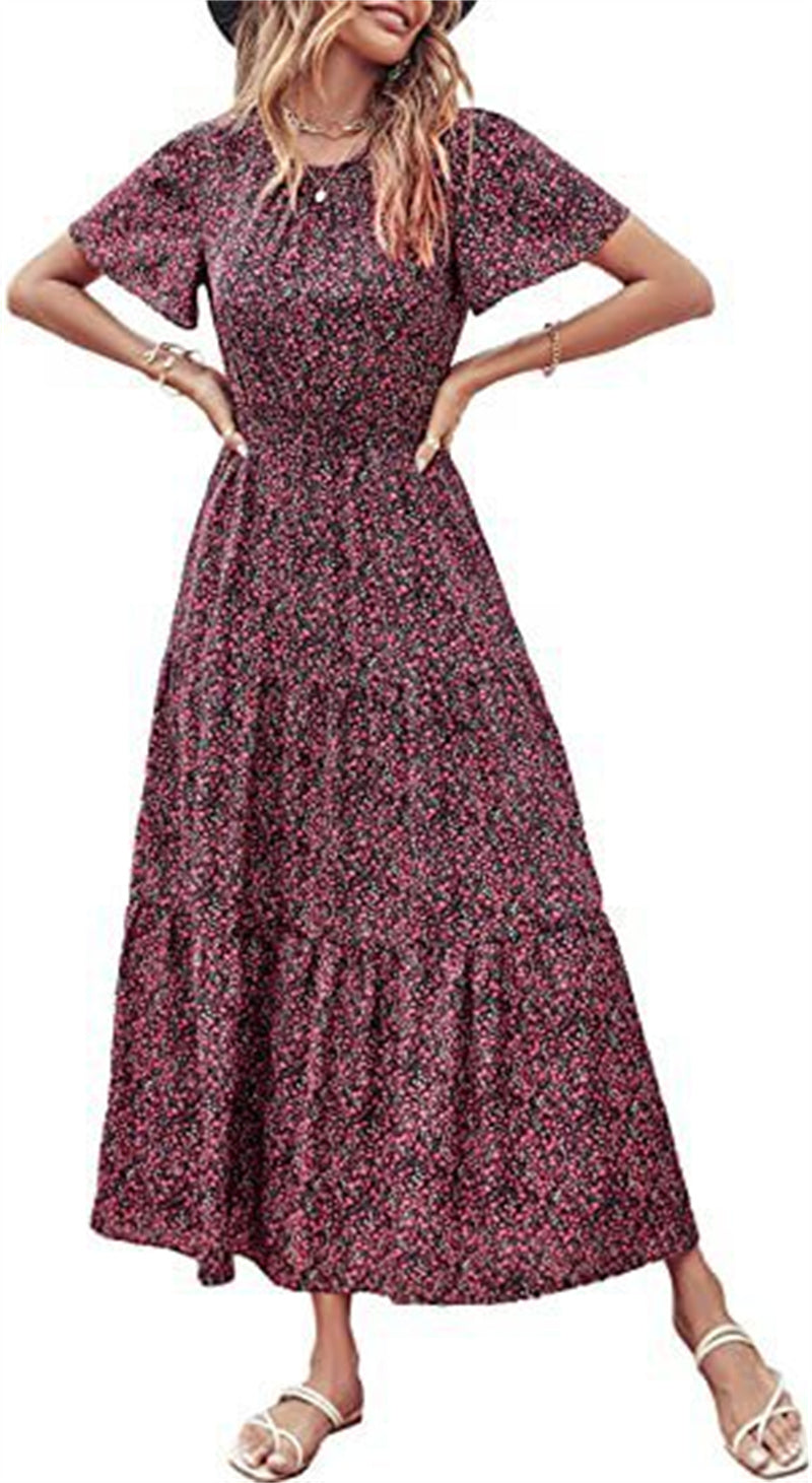 Women's Fashion Floral Thin Waist Splicing Long Dress