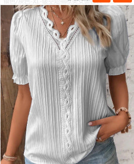 Summer Holiday Hollow-out Short Sleeve Women's Clothing Shirt