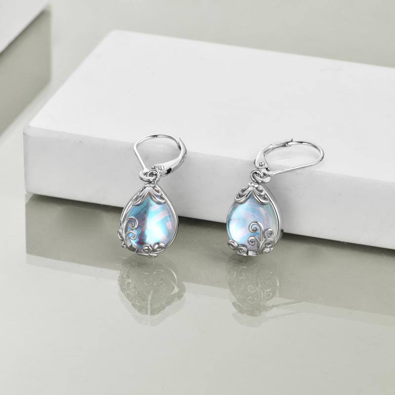 Moonstone Filigree Teardrop Drop Dangle Earrings Sterling Silver Leverback Earrings