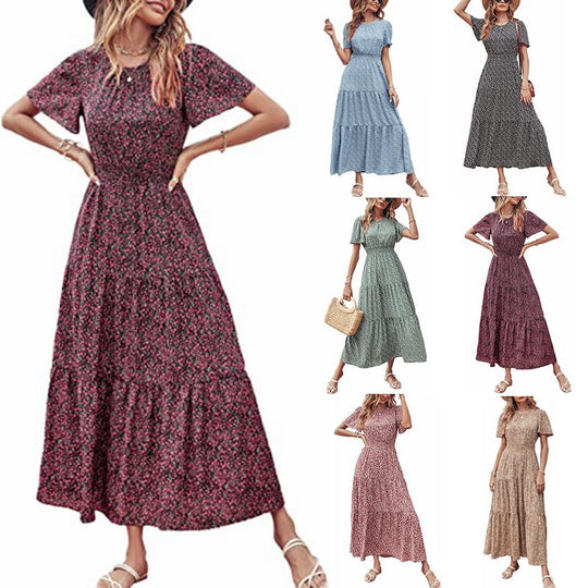 Women's Fashion Floral Thin Waist Splicing Long Dress