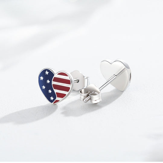 Sterling Silver Patriotic Red White Blue Heart Stud Earrings