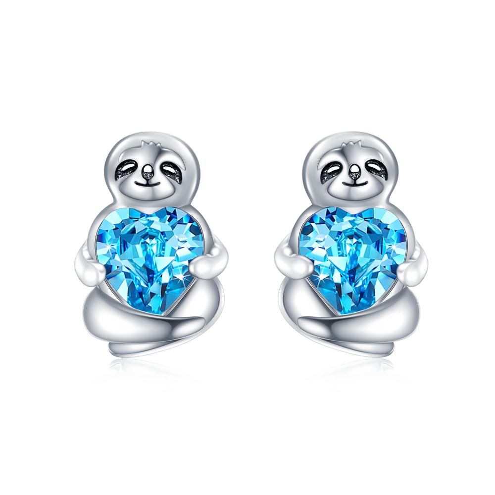 Sterling Silver Sloth Stud Earrings with Heart Blue