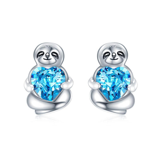 Sterling Silver Sloth Stud Earrings with Heart Blue