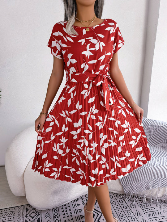 Leaf Print Dress Women Short Sleeve Lace-up Skirt Summer Beach Dress