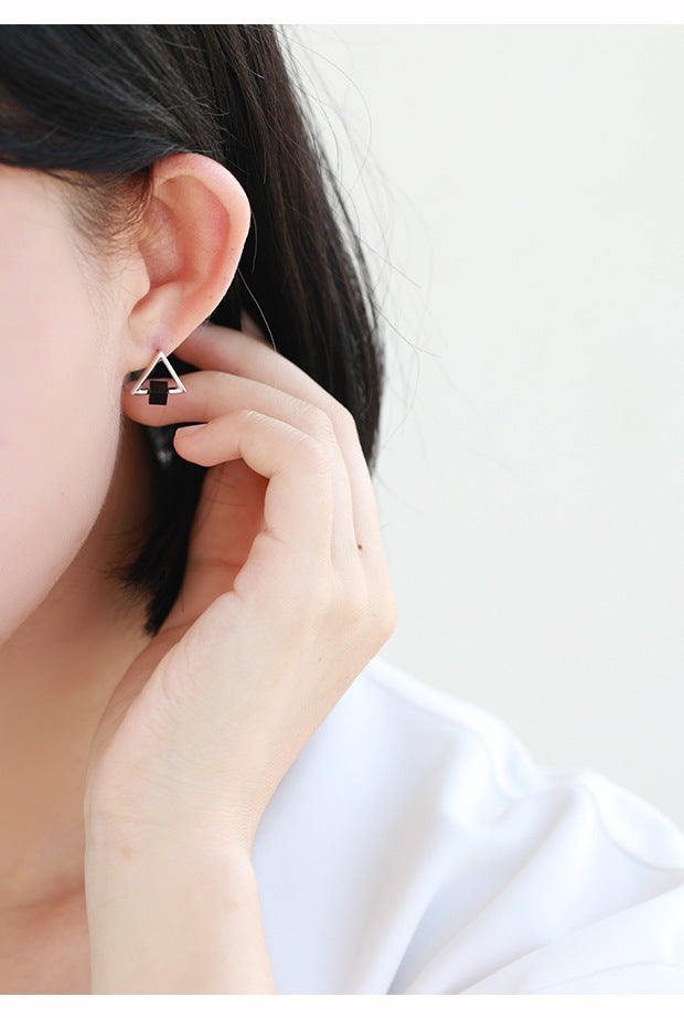 S925 Geometric Triangle Black Earring