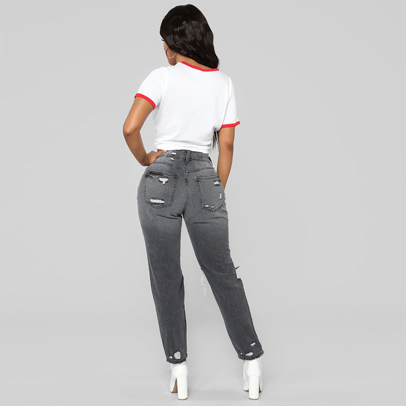 Ripped big hole fashion Jeans Women High Waist skinny pencil Denim Pants