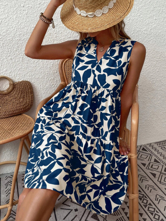 Loose V-neck Pleated Print Sleeveless Dress For Women