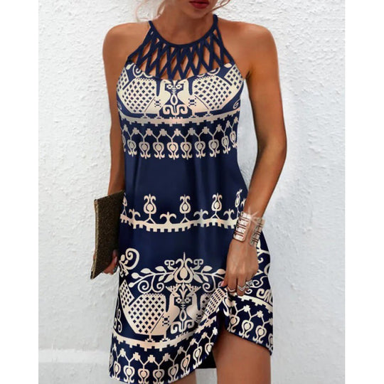 New Women's Round Neck Cutout Slim Fit Sleeveless Halter Print Dress