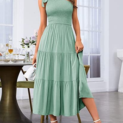 Women's One-shoulder Pleated Layered Hem Split Dress