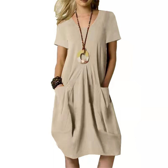 Cotton Linen Solid Color Loose Round Neck Short Sleeve Dress Summer