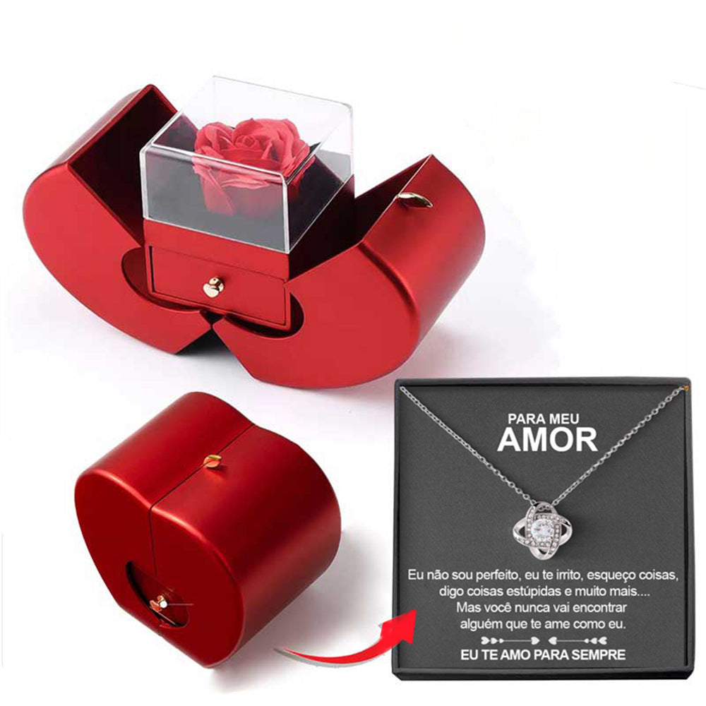 Fashion Jewelry Box Red Apple Gift Necklace Eternal Rose For Valentine's Day Gifts With Artificial Flower Rose Flower Jewelry Box