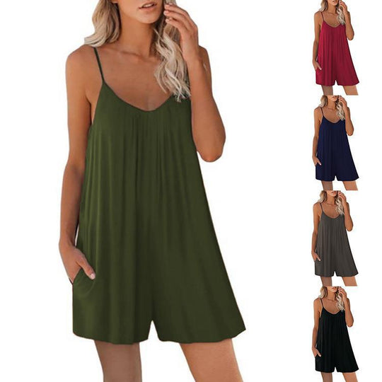 Sleeveless Strap Loose Jumpsuits Summer Shorts Romper With Pockets