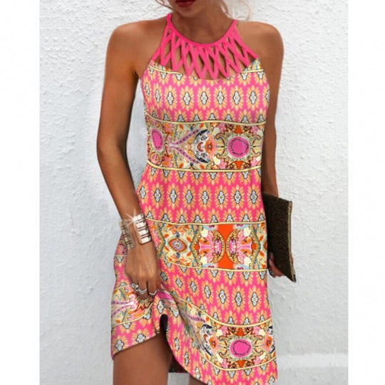 New Women's Round Neck Cutout Slim Fit Sleeveless Halter Print Dress