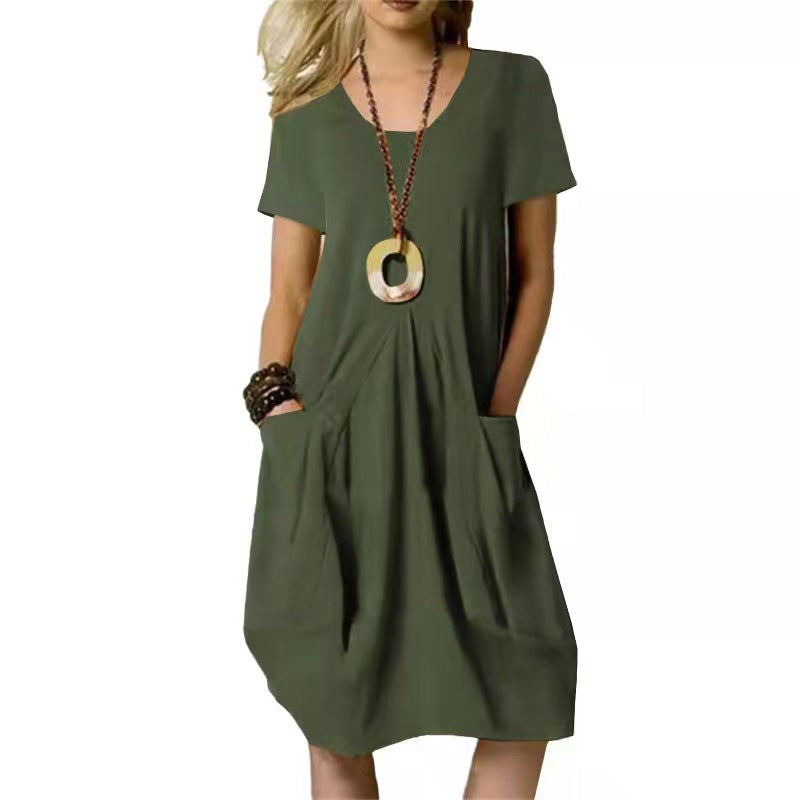 Cotton Linen Solid Color Loose Round Neck Short Sleeve Dress Summer