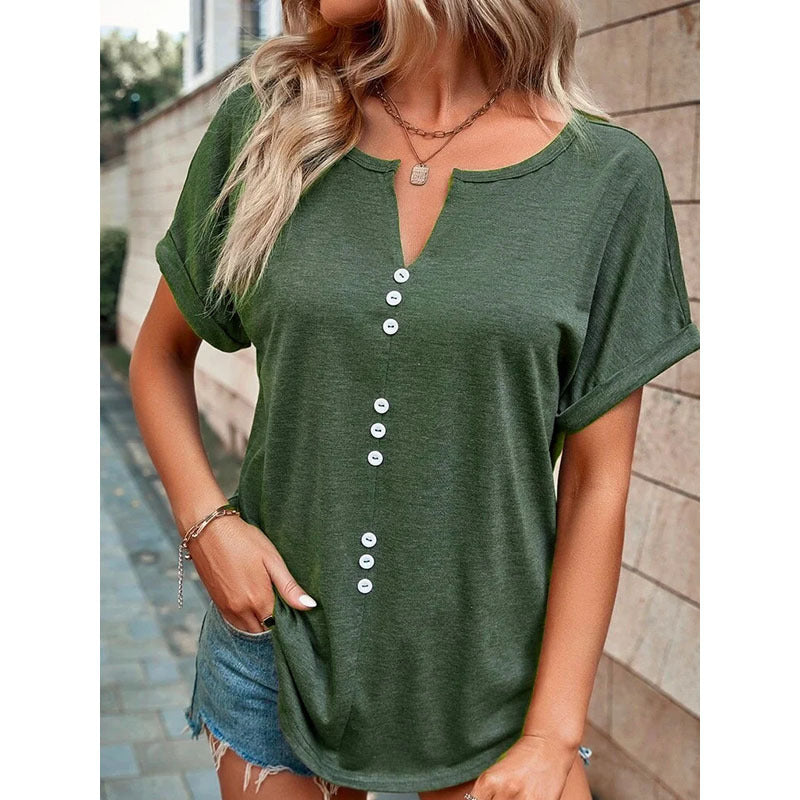 V-neck Short Sleeve Tops Shirt Summer Button Design Blouse