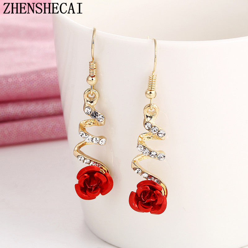 Ethnic Red Rose Drop Earrings Big Rhinestone Earrings Vintage