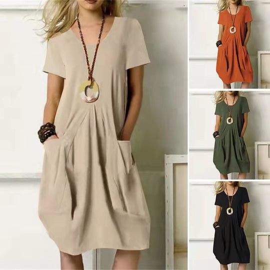 Cotton Linen Solid Color Loose Round Neck Short Sleeve Dress Summer