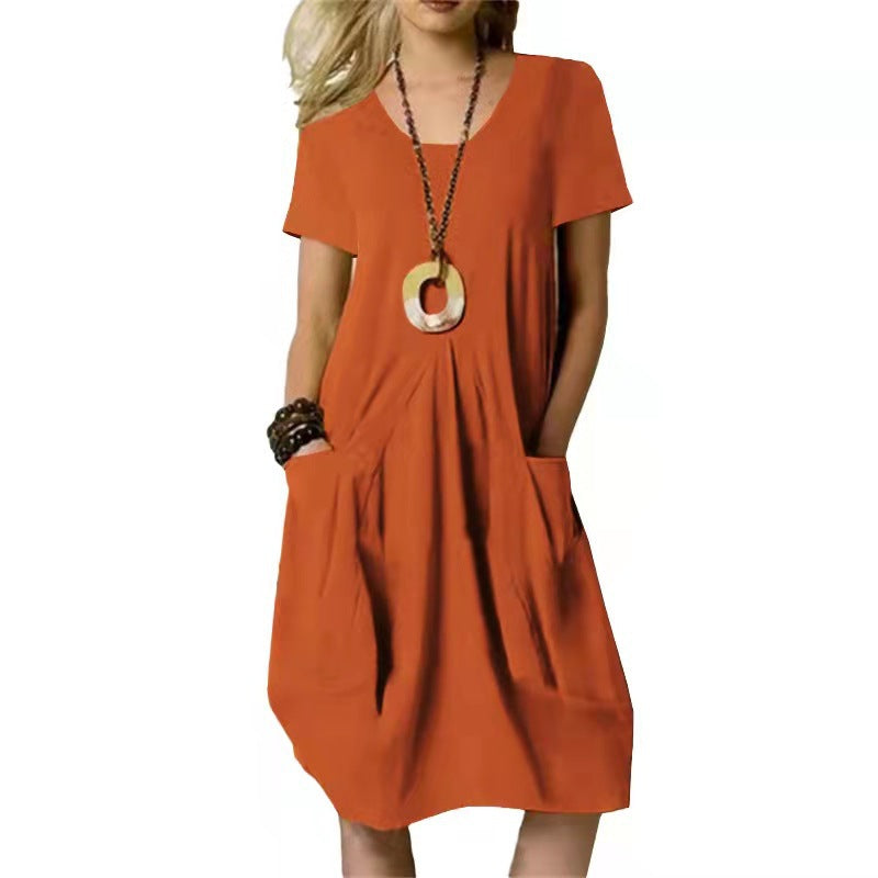 Cotton Linen Solid Color Loose Round Neck Short Sleeve Dress Summer