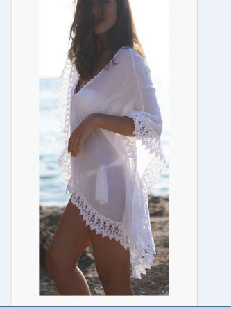 Fashion Solid Color Beach Bikini Lace White Blouse