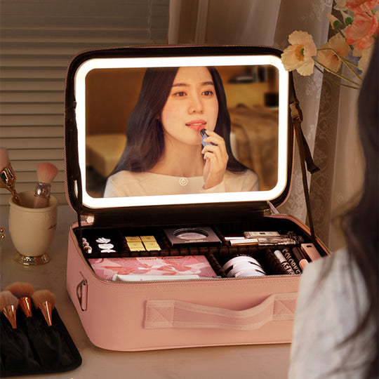 Smart LED Cosmetic Case With Mirror Cosmetic Bag Large Capacity