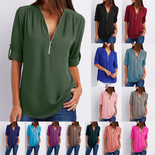 Zip V-neck Shirts Women Short Sleeve Loose Tops