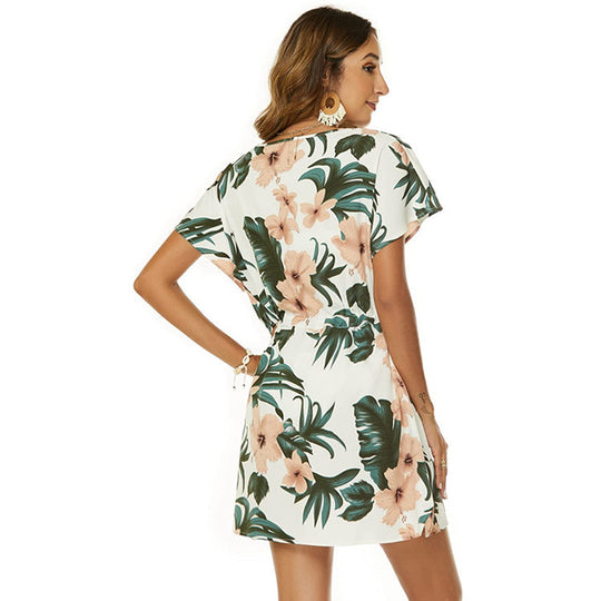 Dolman Sleeves Dress Summer Printed Drawstring V-Neck Beach Dresses For Women