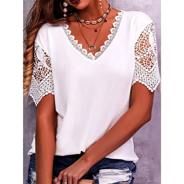 Lace Tops Women Summer Loose V Neck Short Sleeve Casual Shirts