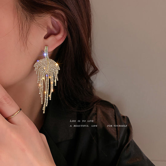 Silver Needle Diamond Leaf Tassel Earrings Fashion