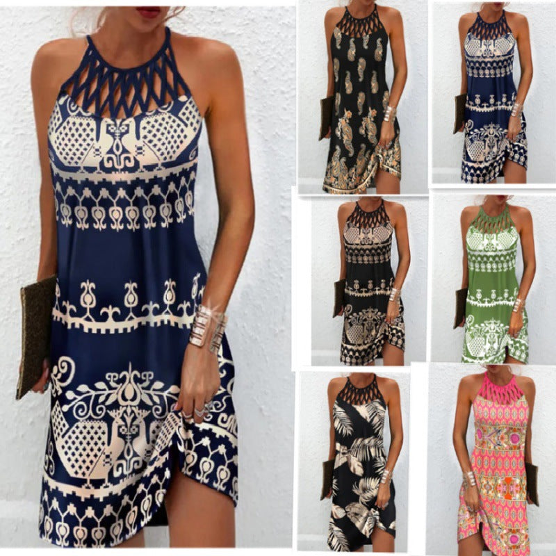 New Women's Round Neck Cutout Slim Fit Sleeveless Halter Print Dress