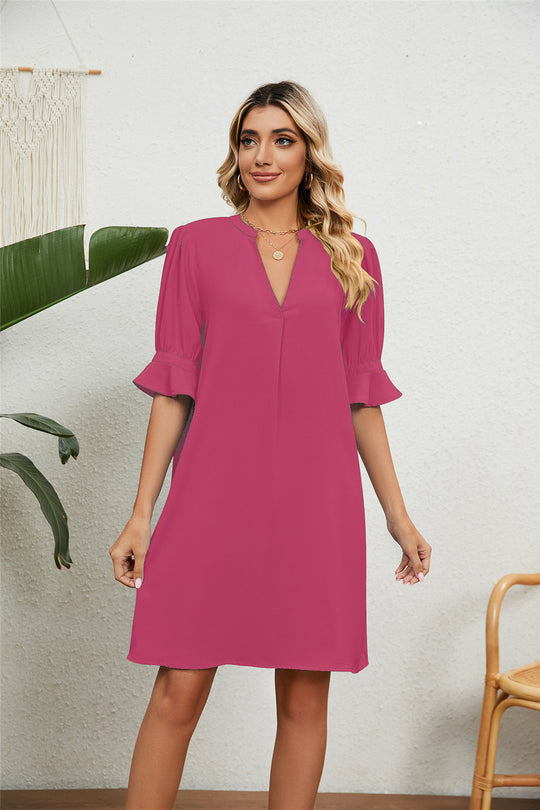 Summer Dress Solid Color V-neck Loose Pleated Half-sleeve Dress For Women